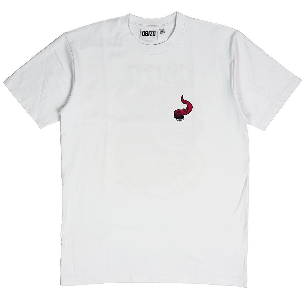 White organic cotton tee showing small macabre chest print of a tentacle