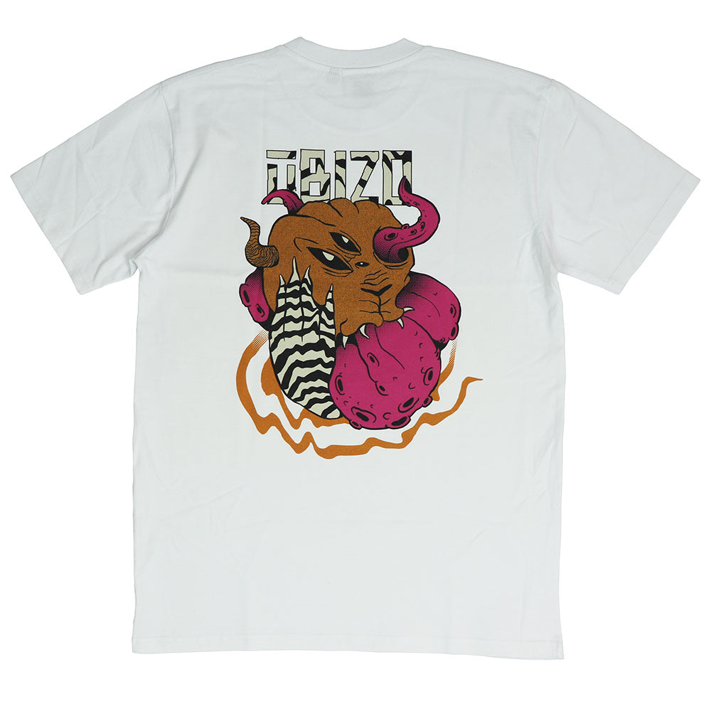 White organic cotton tee showing the large macabre print of devouring tentacles in pink and orange