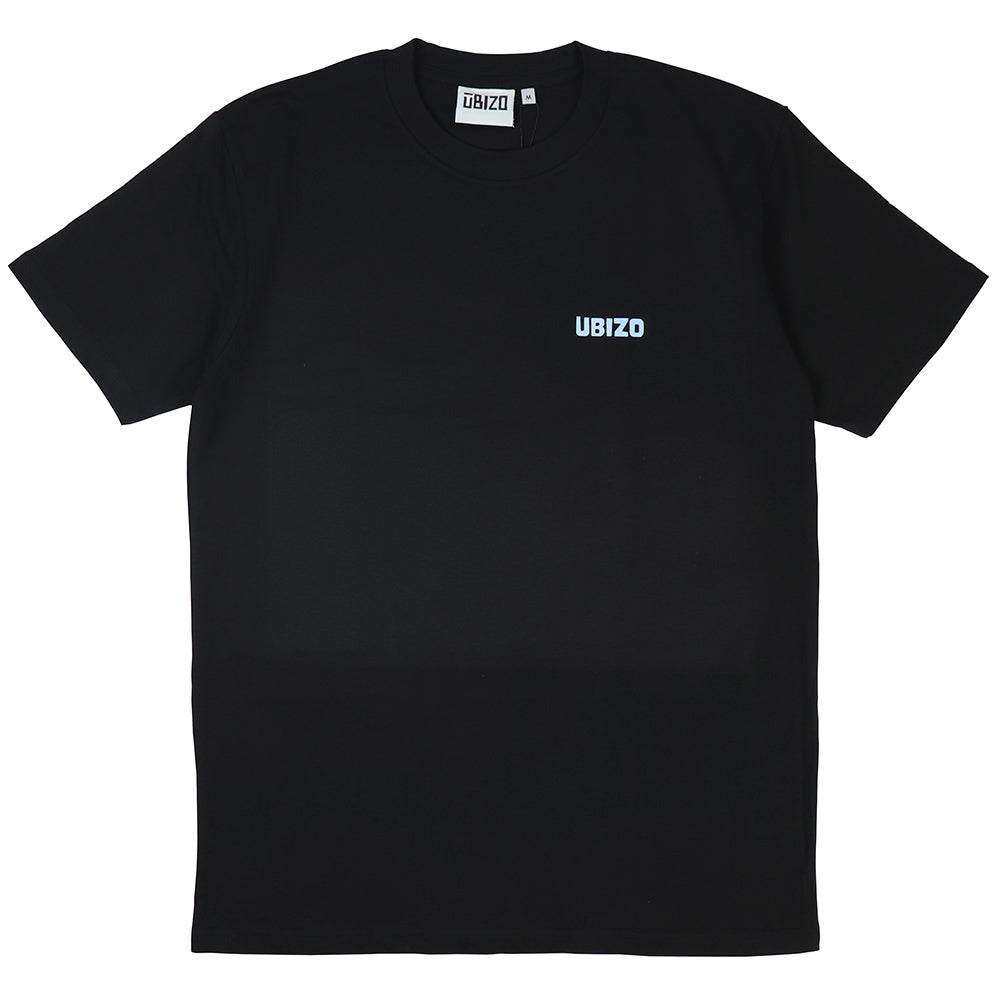 Black organic cotton Tee showing front left wearing chest print of ubizo logo in sky blue