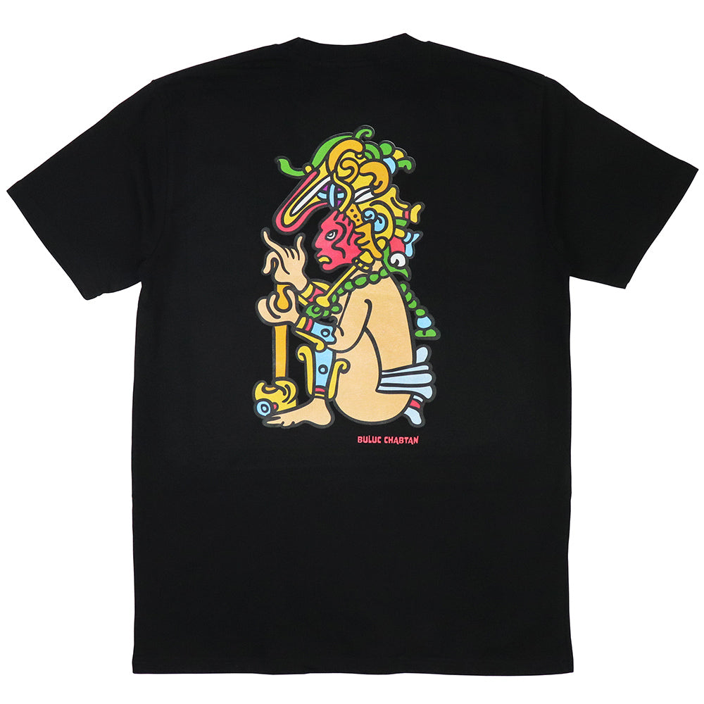 Black organic cotton Tee showing back print of aztec god Buluc Chabtan in bright colours