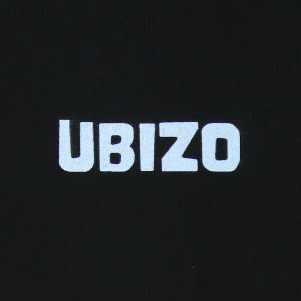 Closeup of front print of ubizo logo in light sky blue