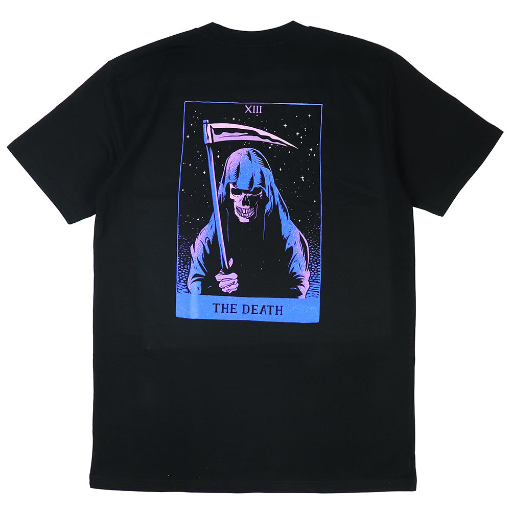 Black 100% organic cotton tee showing the large back print of the Death Tarot card in cool blue tones